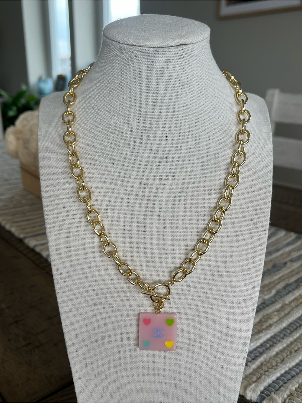 Authentic Upcycled Chanel Heart Tile Pendant Necklace on a 14k Gold Plated Chain